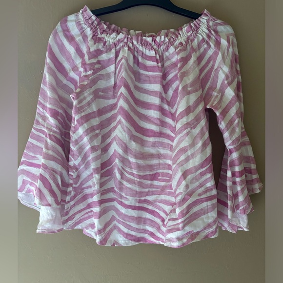iLinen Womens Shirt Small Organic‎ Linen Resort Vacation Pink Zebra Off Shoulder - Picture 2 of 10